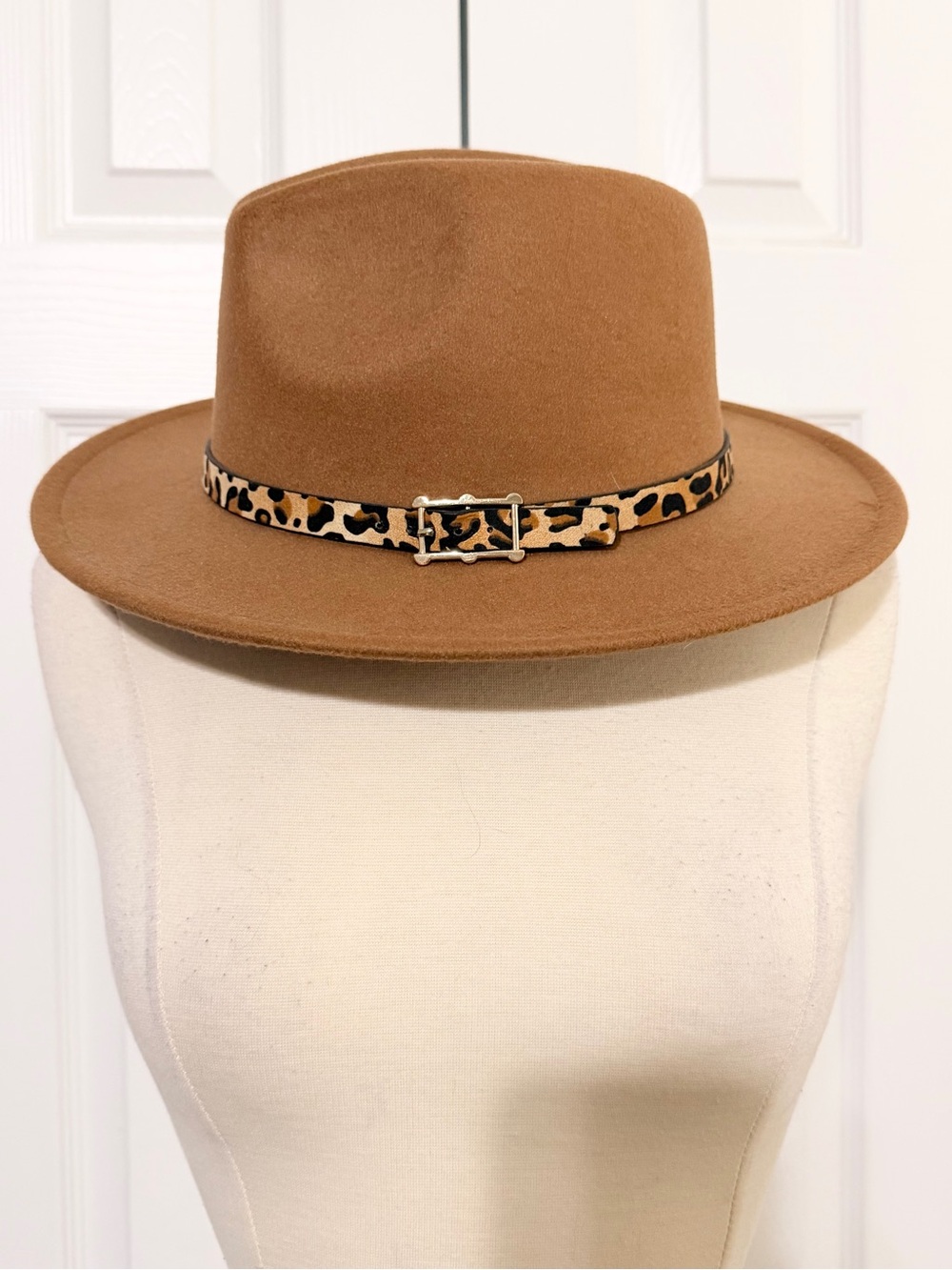 Women’s Tan Felt Fedora with Leopard Accent